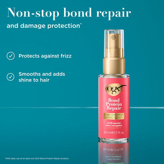 OGX mist spray action closeup showing fine even coverage to protect hair