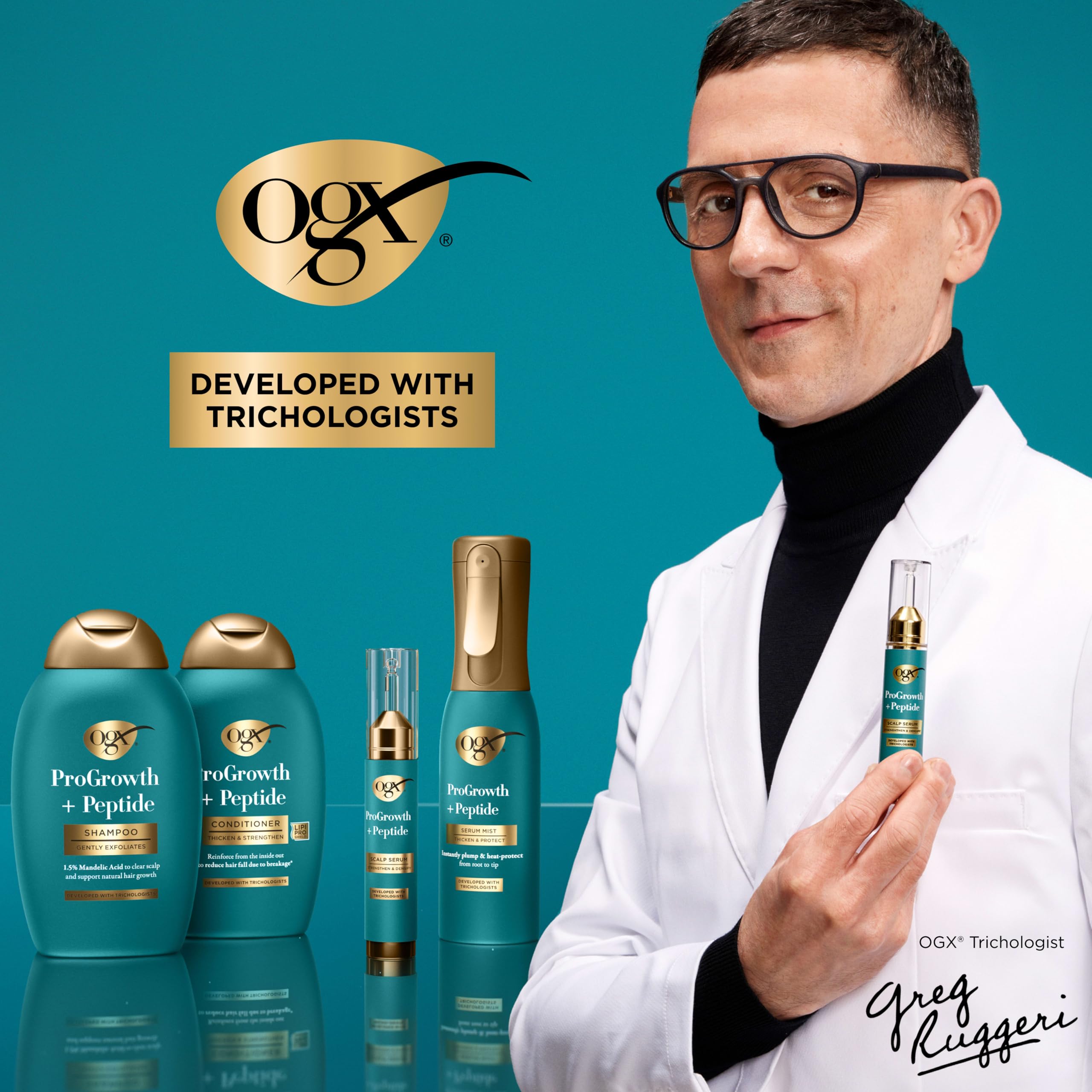 OGX serum in bathroom routine emphasizing daily use with shampoo and conditioner