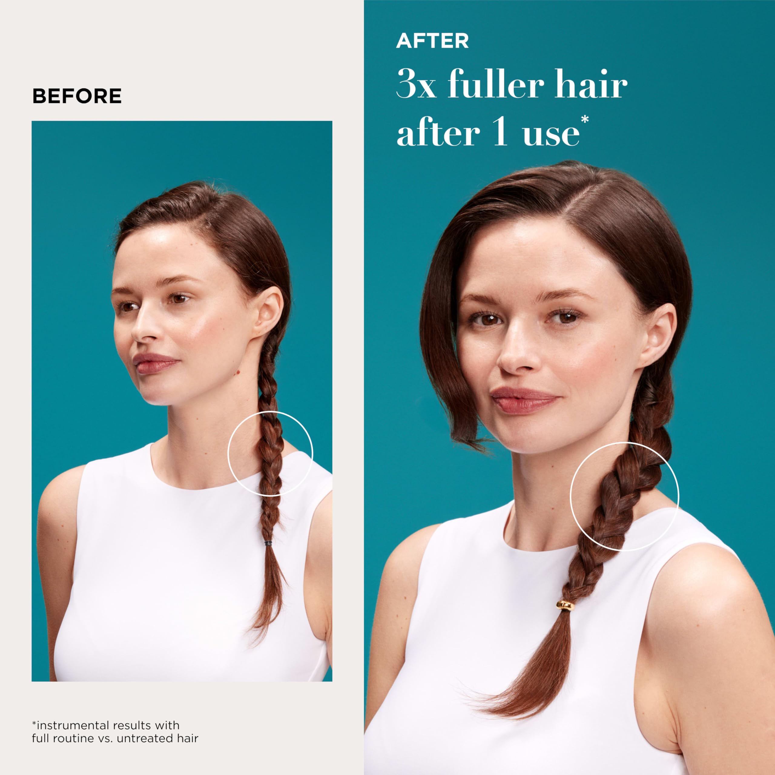 Model before and after using OGX showing fuller-looking hair at roots and ends