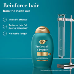 OGX ProGrowth + Peptide applied hair close-up showing smoother strands