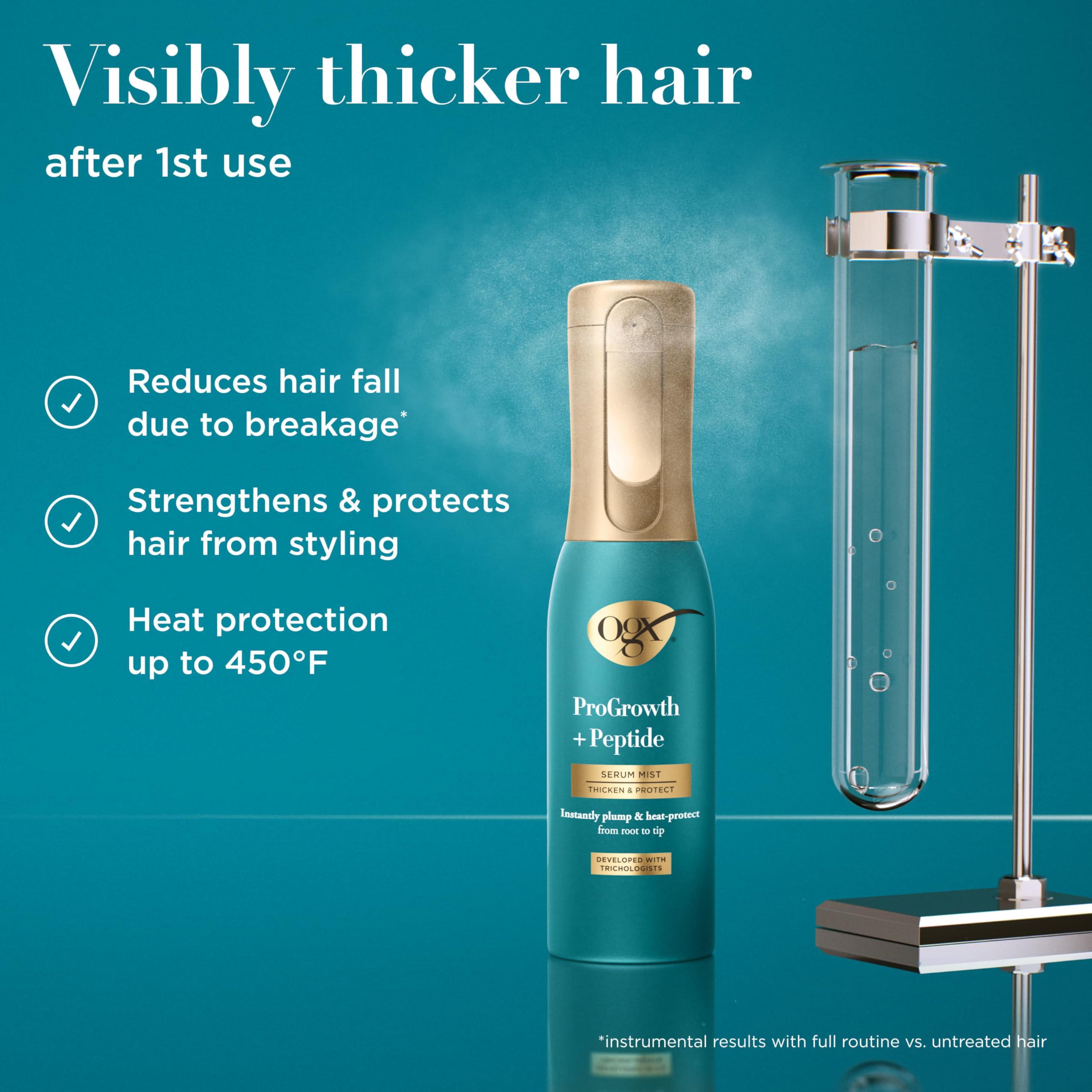 OGX mist spraying onto damp hair demonstrating even application and volume boost