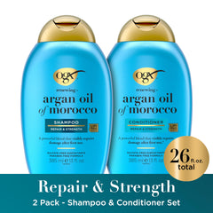 OGX shampoo bottle label close-up highlighting ingredients and benefit
