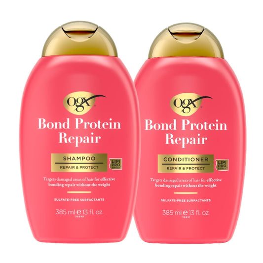 OGX shampoo label close-up highlighting bond protein repair benefits