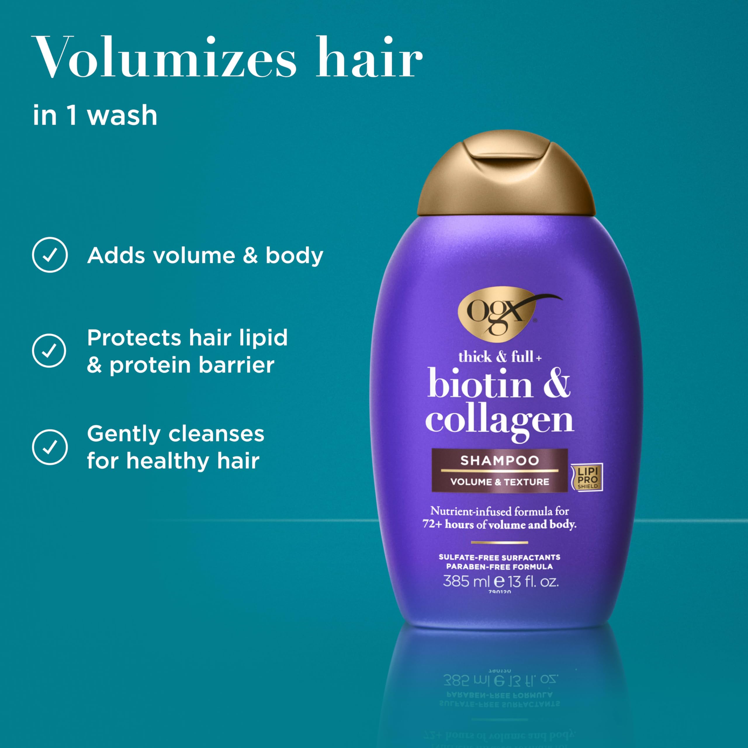 OGX shampoo texture on hand demonstrating lightweight, volumizing feel