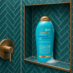 OGX creamy texture and lather demonstrating hydrating, silky foam
