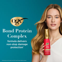 OGX texture close-up highlighting smooth, shiny, resilient hair finish