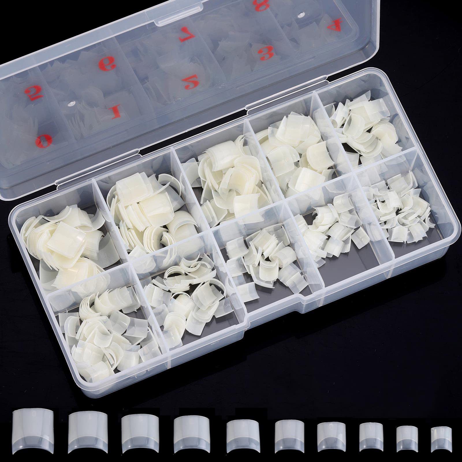 Ohlove front box of 500 clear tips showing organized compartments for quick access