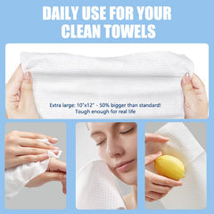 OHOO towel beside a hand for scale, showing generous XL size for full-face use