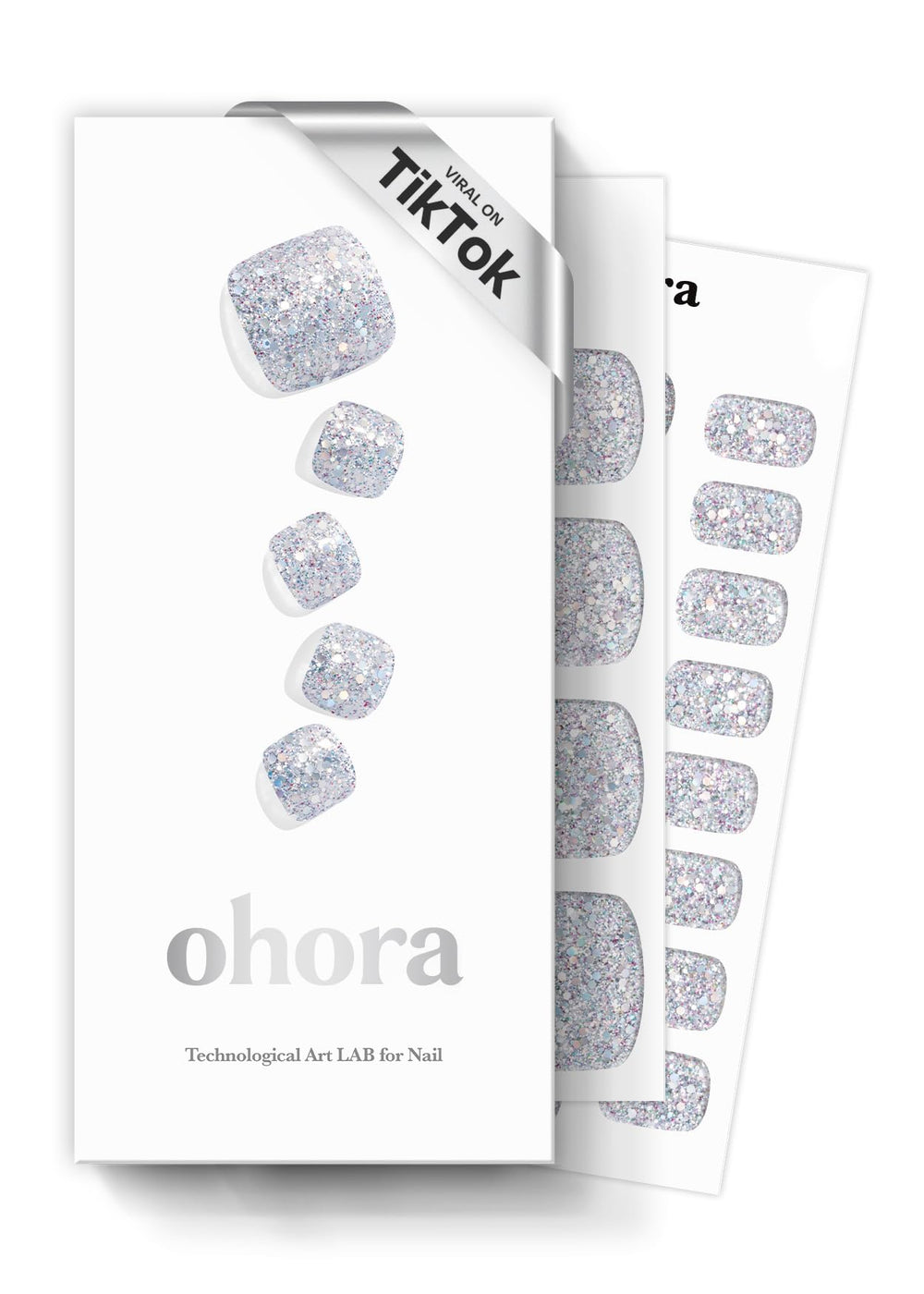 ohora front packaging displaying glitter shower finish and included tools for easy use