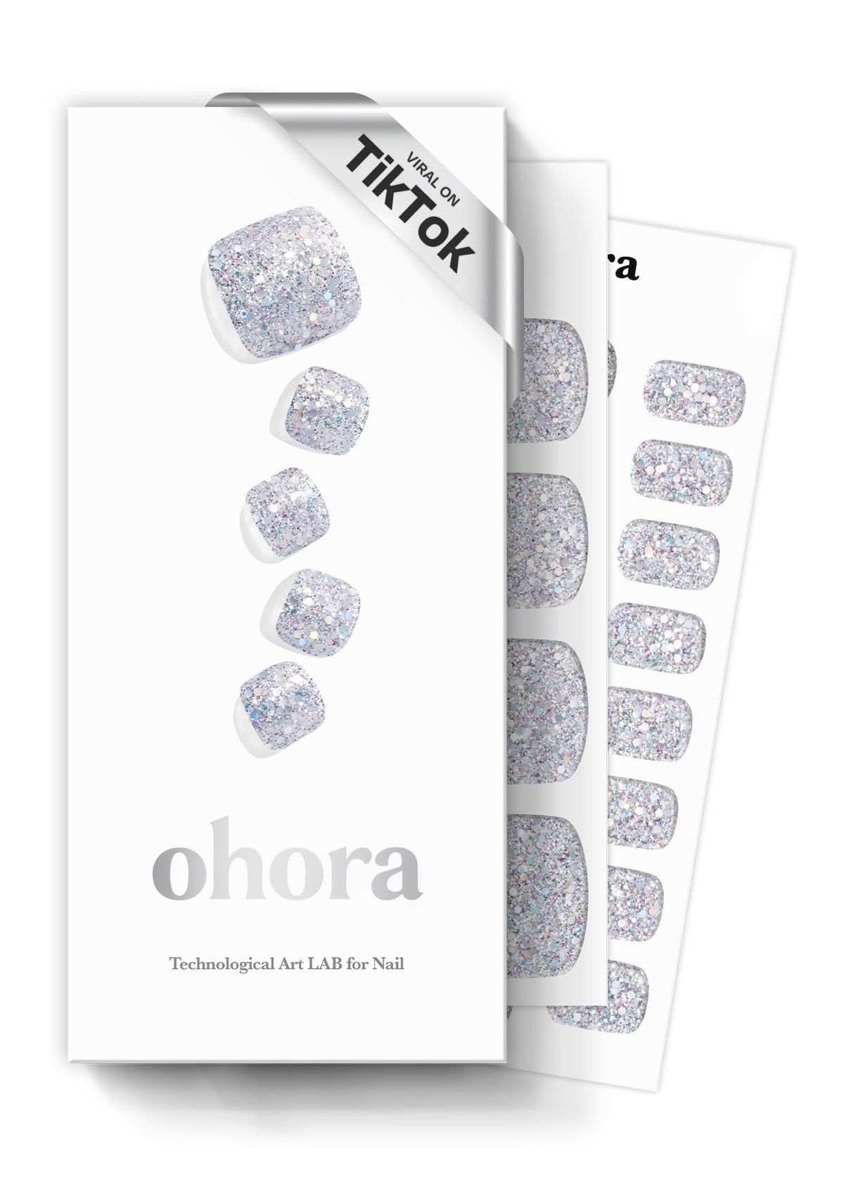 ohora front packaging displaying glitter shower finish and included tools for easy use