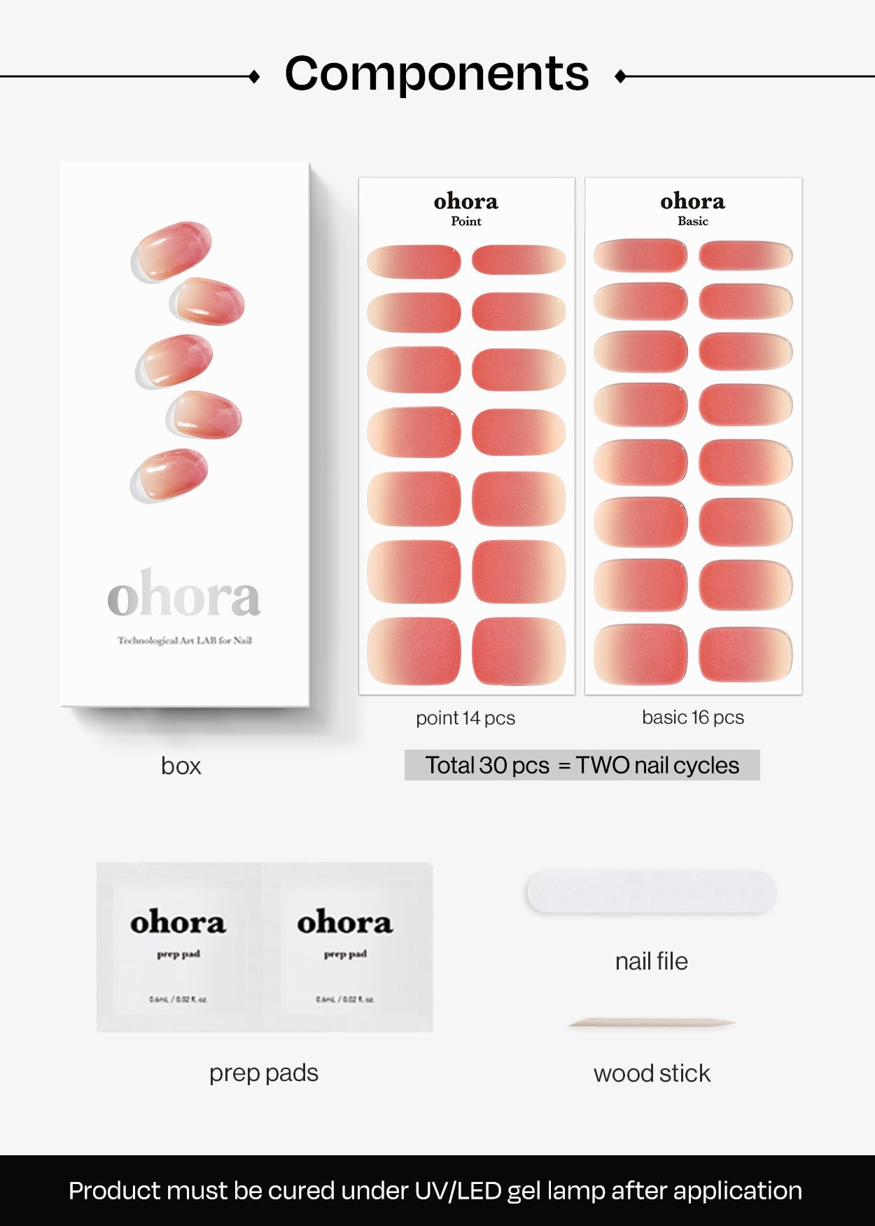 ohora prep pads, file and wooden stick displayed for neat application benefit