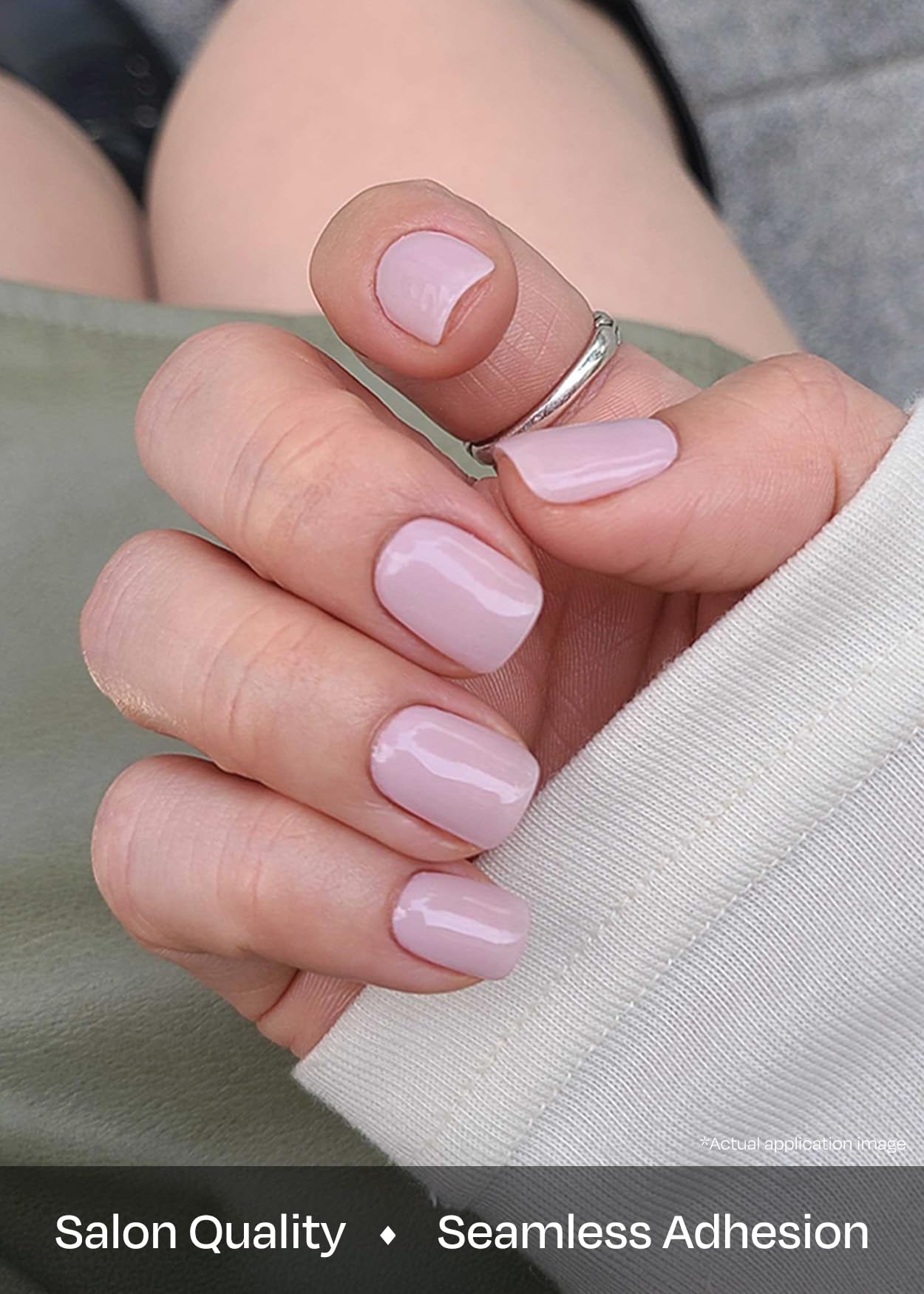 ohora applied on hands in lifestyle shot showing natural nude polish and long wear