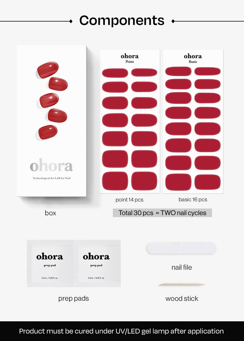 ohora hands curing applied red gel strips under LED lamp for durable shine