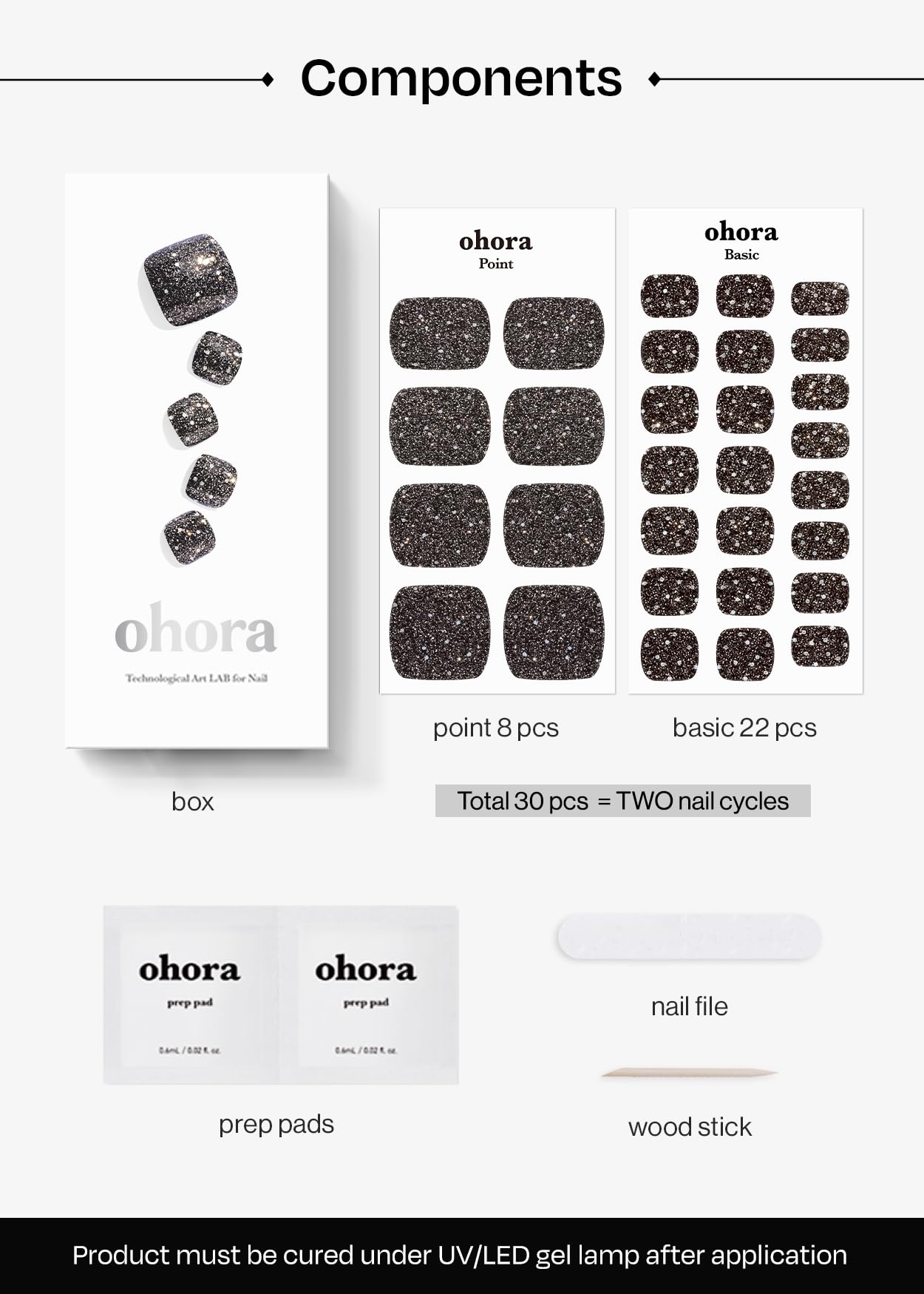 ohora included prep pads file and wooden stick arranged to show complete kit benefit