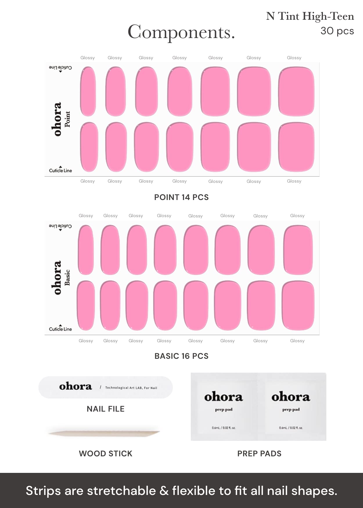ohora spread of different strip sizes highlighting 15-size fit range for varied nail shapes benefit