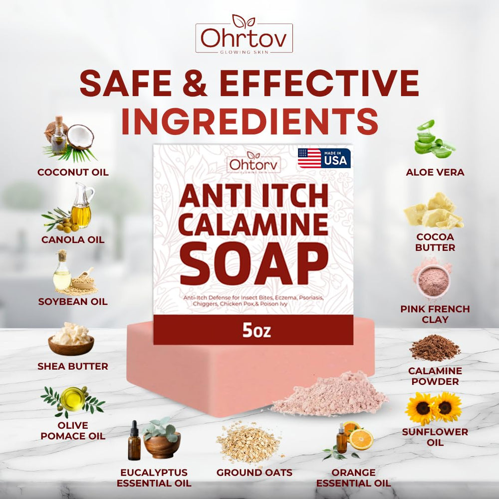 Ohrtov calamine soap ingredients arranged showing natural, beneficial components