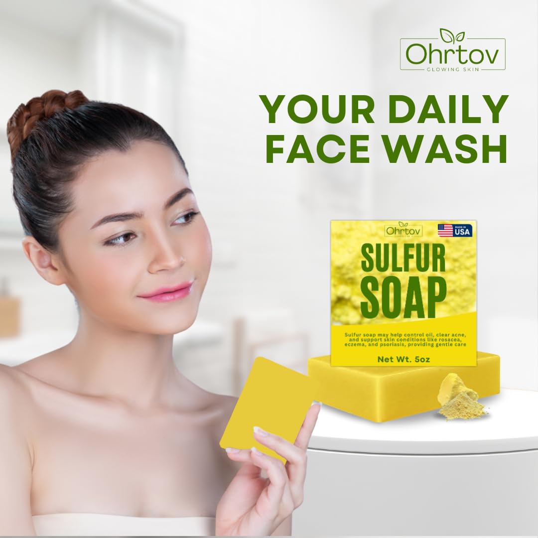 Ohrtov sulfur soap on bathroom counter for streamlined skincare routine