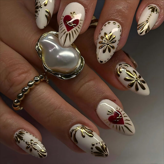 OHWODA close-up of red heart glossy nail pattern, clear design and shine benefit