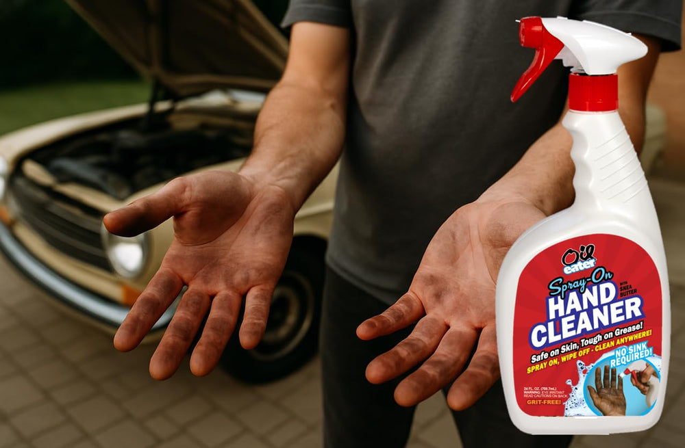 Oil Eater next to a shop towel showing portable 32oz size and convenience