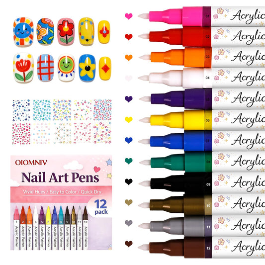 Oiomniv front packaging showing 12 numbered nail pens and box, easy organization