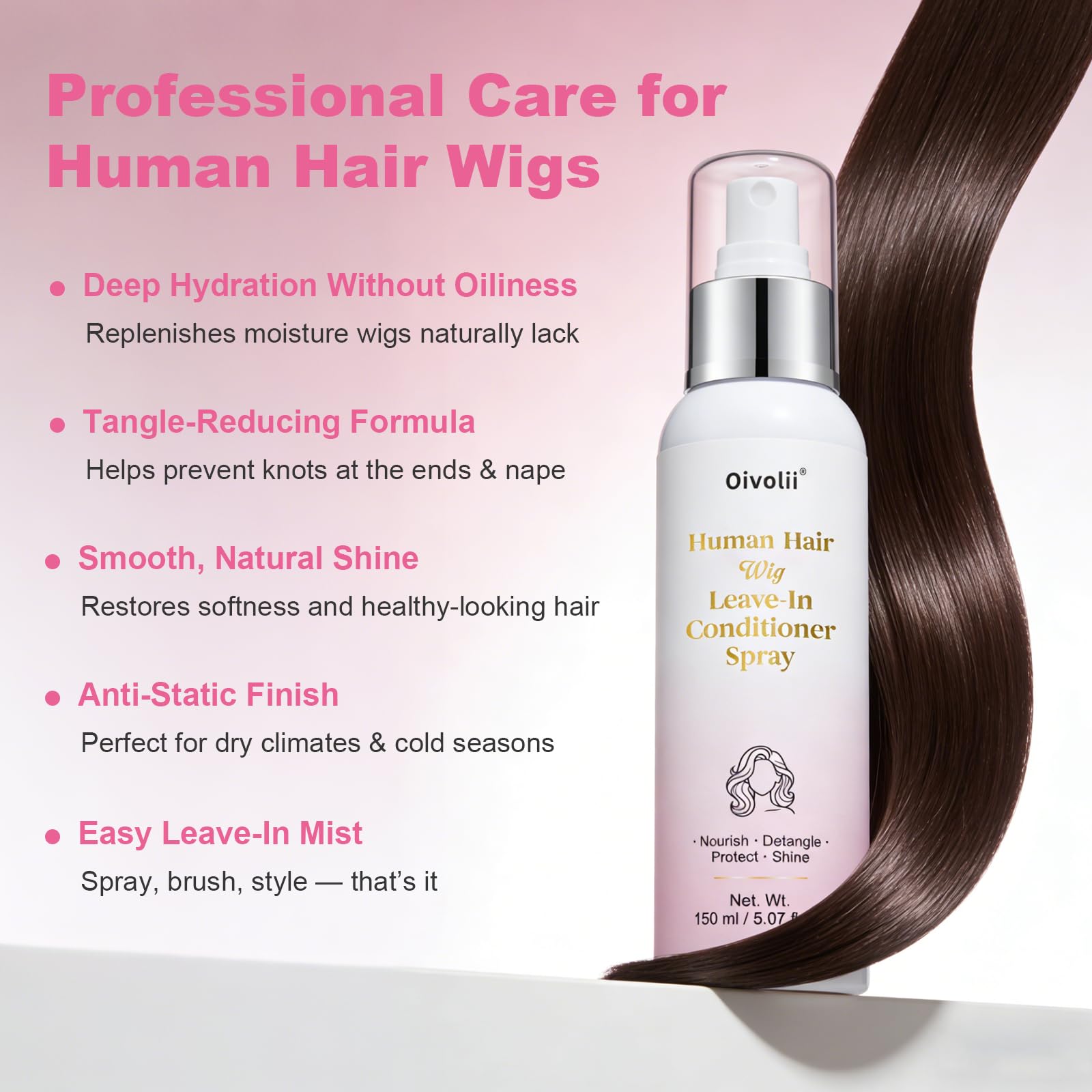 Oivolii mist spraying onto hair demonstrating even distribution and lightweight coverage