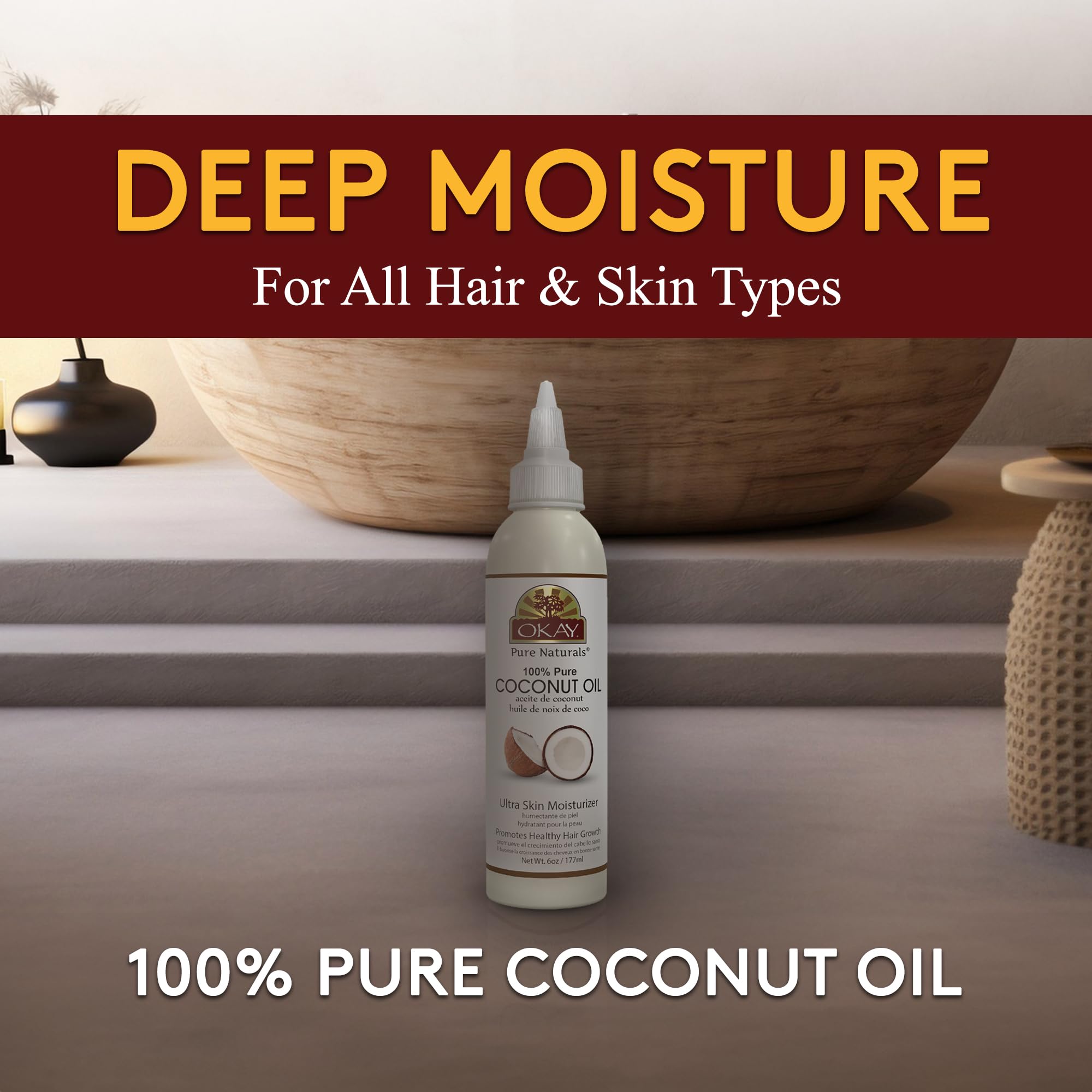 OKAY coconut oil pouring texture highlighting smooth moisturizing properties