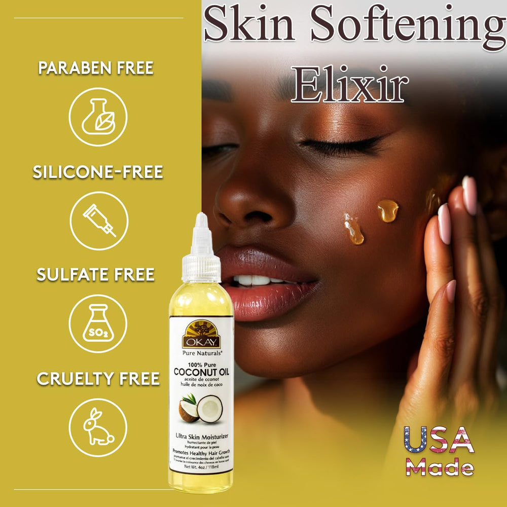 OKAY coconut oil pouring texture close-up illustrating smooth application benefit