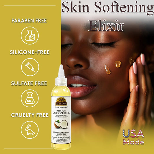OKAY coconut oil pouring texture close-up illustrating smooth application benefit