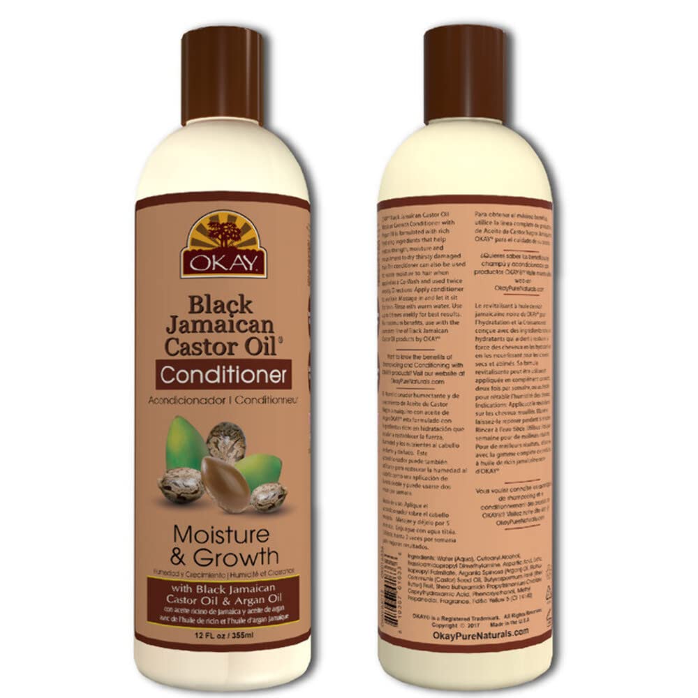 OKAY product surrounded by argan, shea, and castor ingredients highlighting nourishing formula