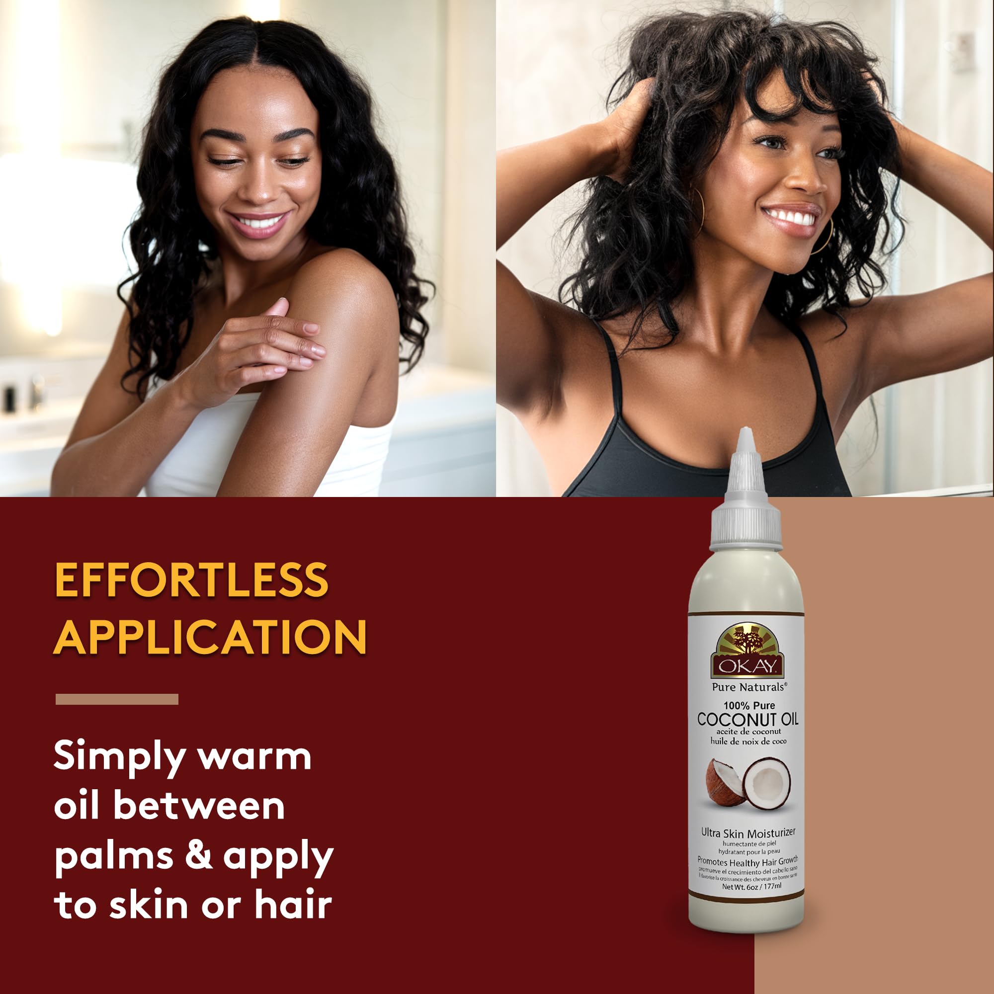 OKAY coconut oil applied to hair ends for conditioning and added shine