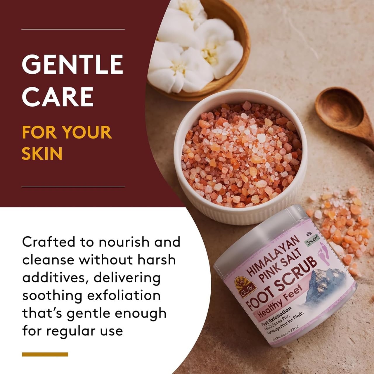 OKAY ingredients view of Himalayan salt and walnut powder highlighting mineral-rich exfoliation