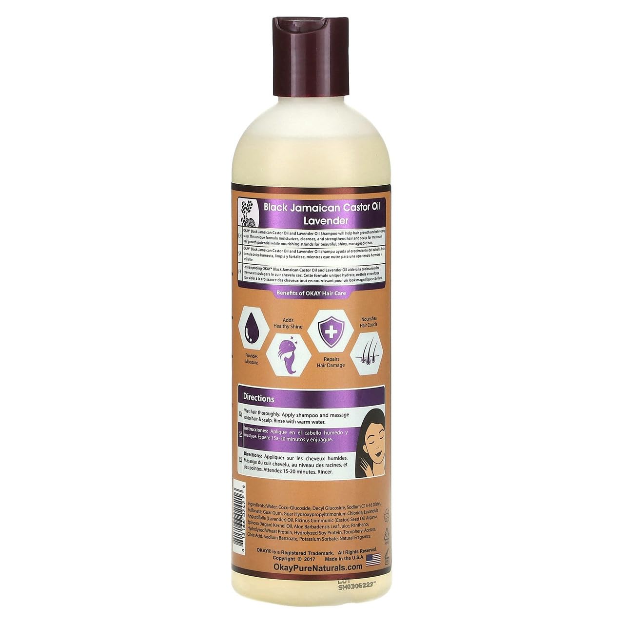 OKAY label close-up highlighting argan oil and black Jamaican castor oil benefits