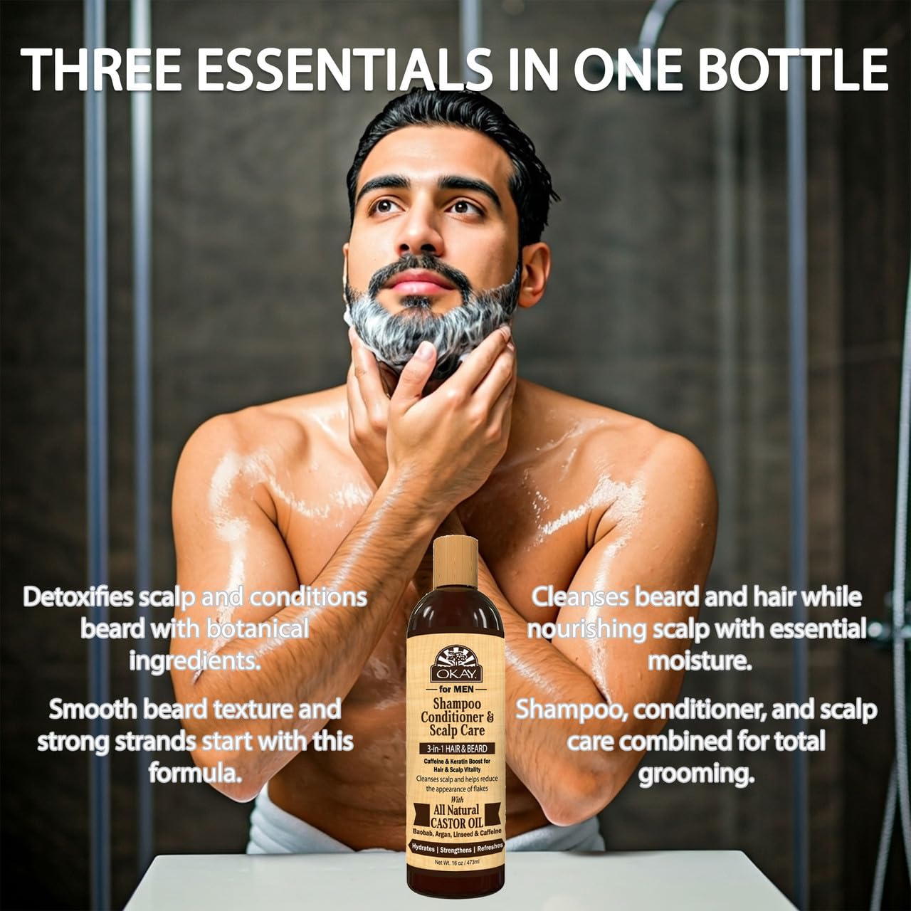 OKAY bottle on shower shelf lifestyle scene for daily routine
