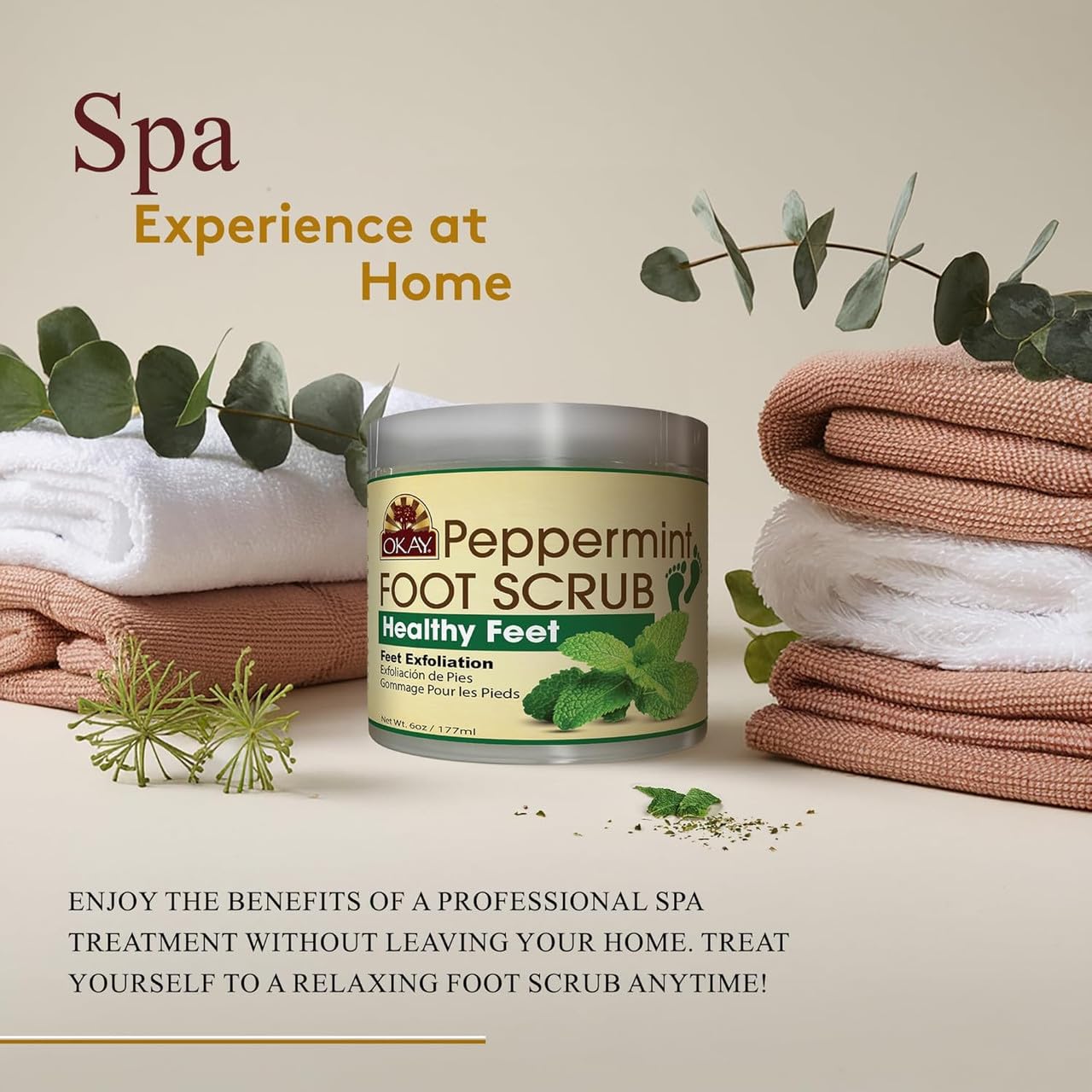 OKAY lifestyle in bathroom showcasing refreshing peppermint foot care