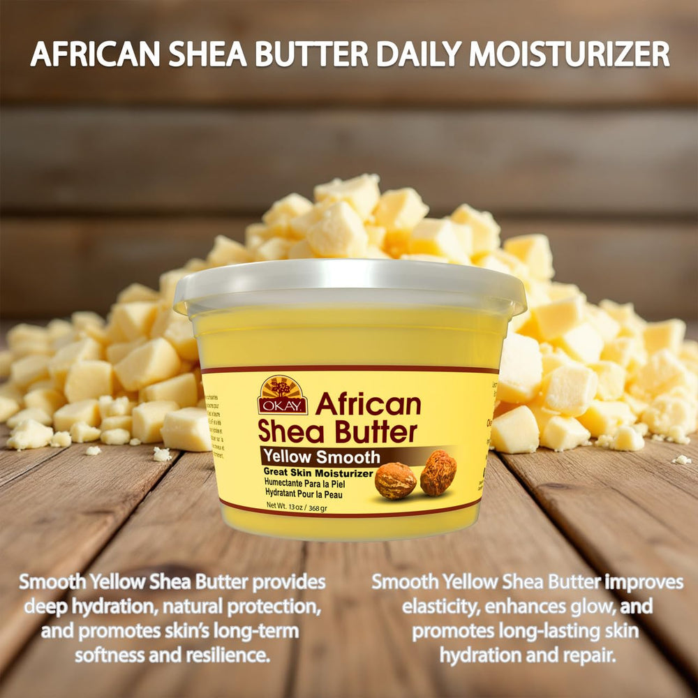 OKAY shea butter 13 oz jar next to common items showing true size and value