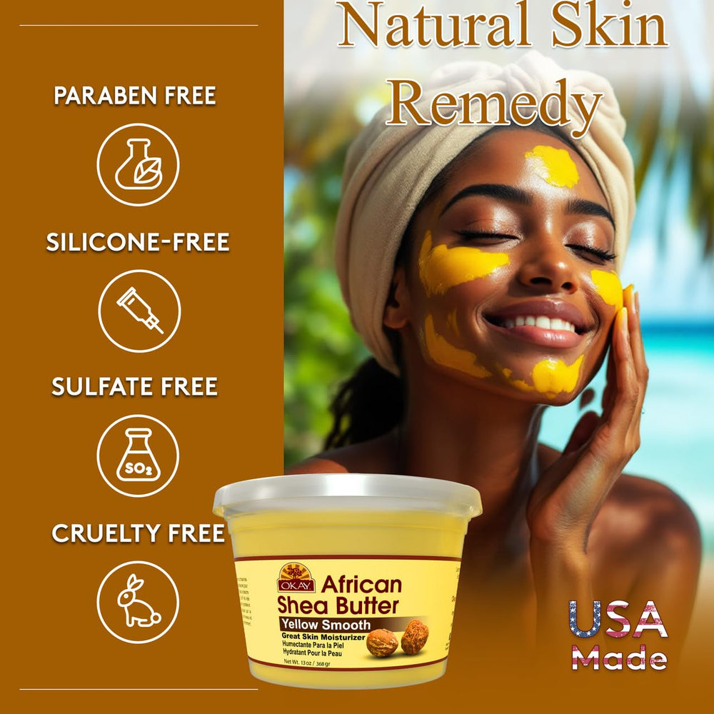 OKAY shea butter applied to hair ends demonstrating conditioning and reduced frizz