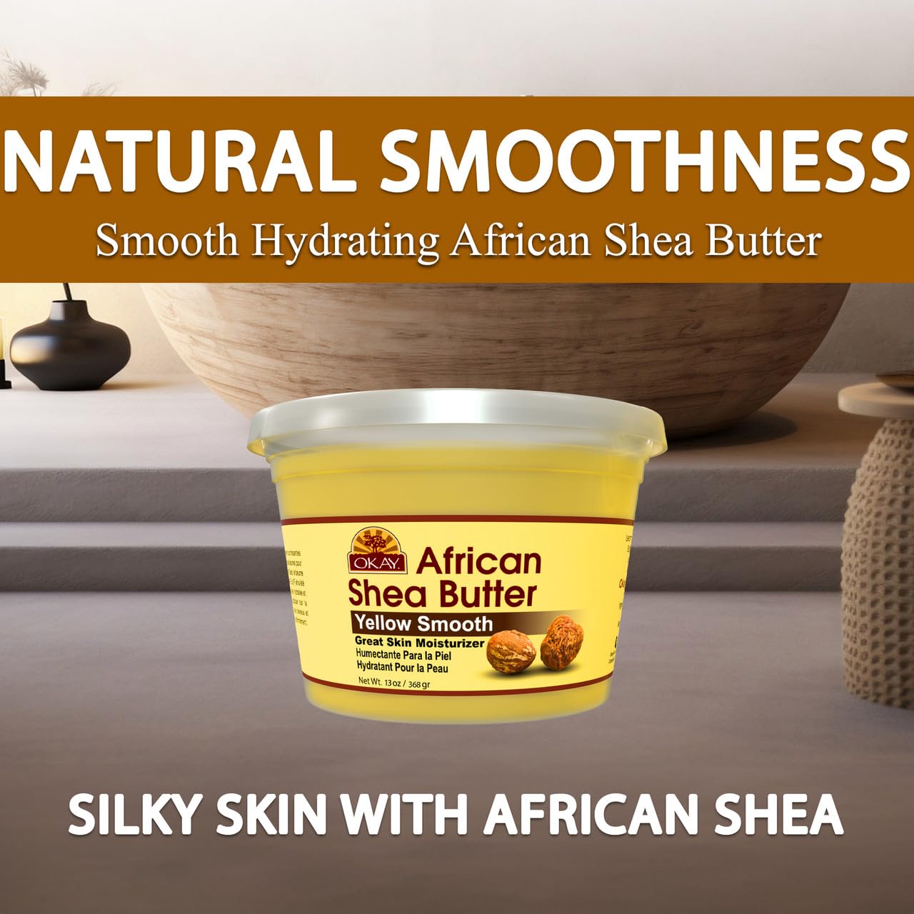 OKAY shea butter placed on bathroom shelf in lifestyle scene implying daily routine
