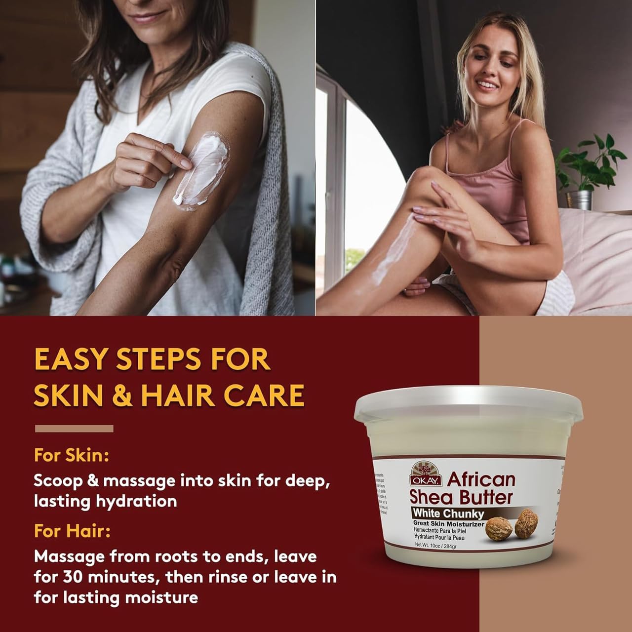 OKAY shea butter melting in hands demonstrating easy spreadability and absorption