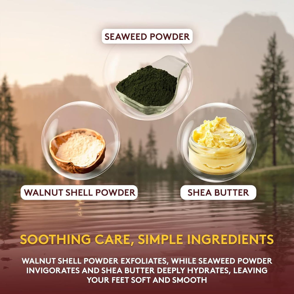 OKAY spa setting with feet and scrub showing at-home pampering and renewed softness