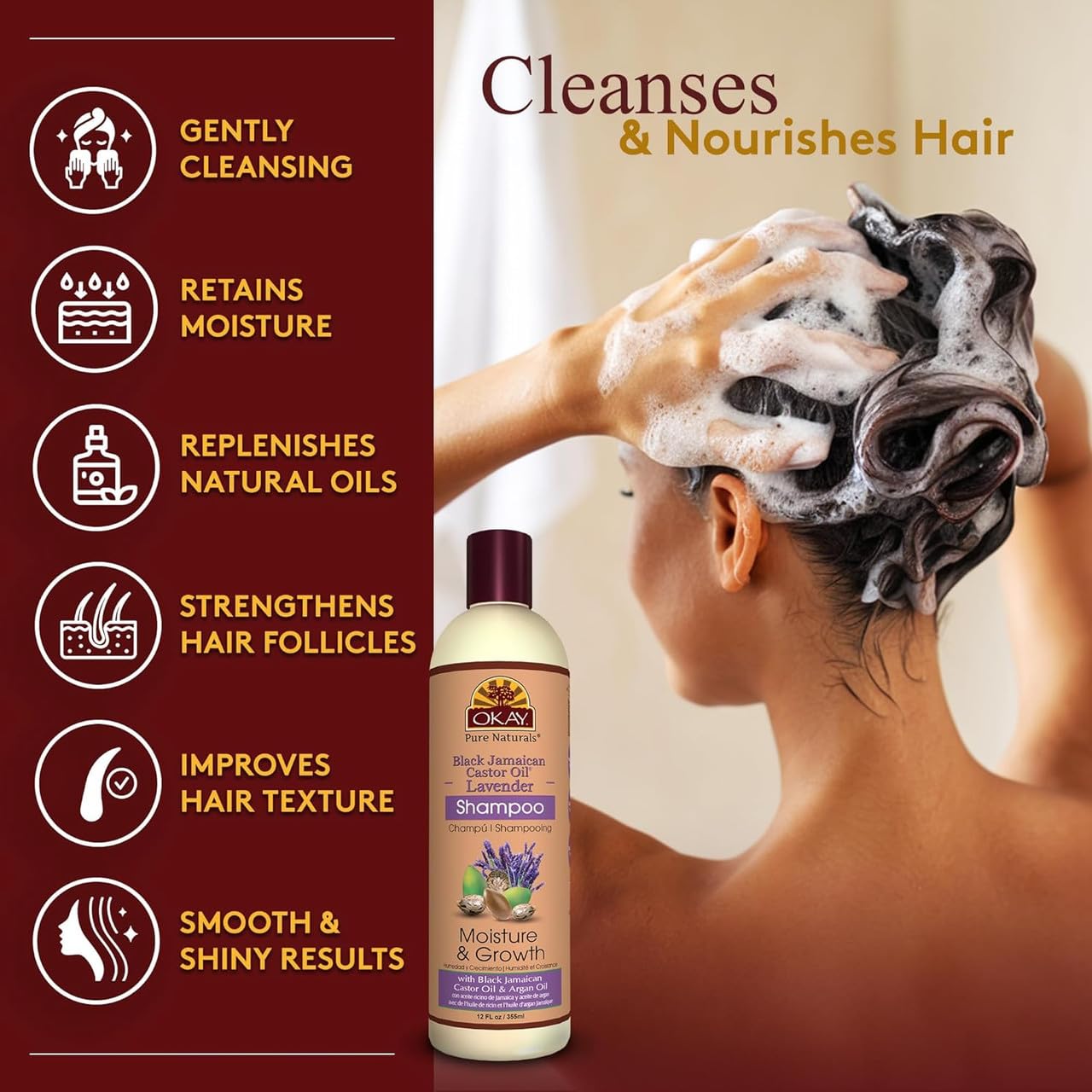 OKAY shampoo lather on hands demonstrating rich foam and cleansing action