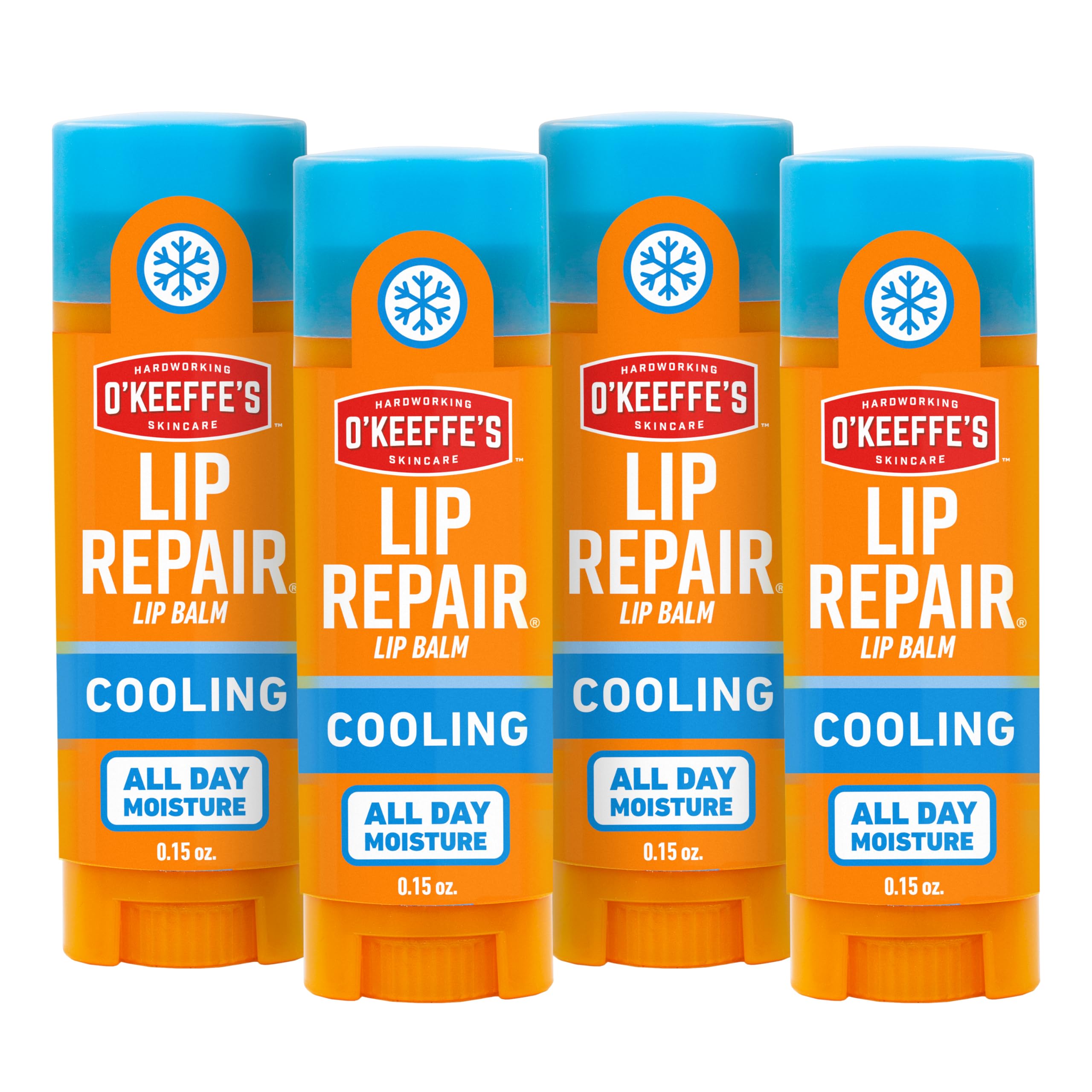 O'Keeffe's front packaging showing four cooling relief sticks for on-the-go moisture
