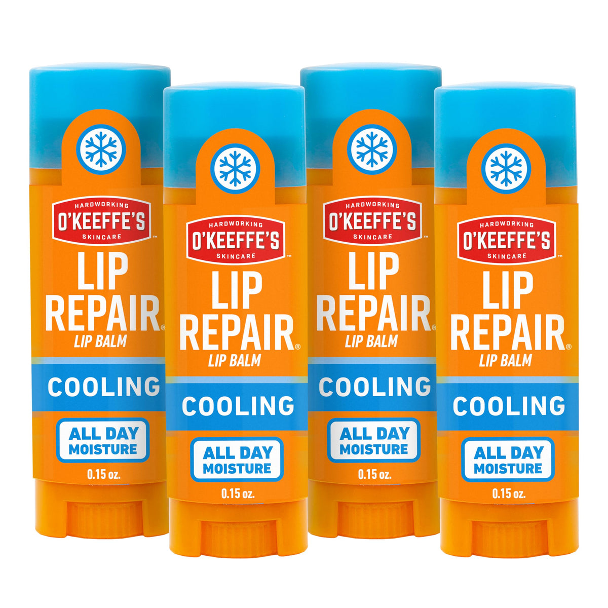 O'Keeffe's front packaging showing four cooling relief sticks for on-the-go moisture