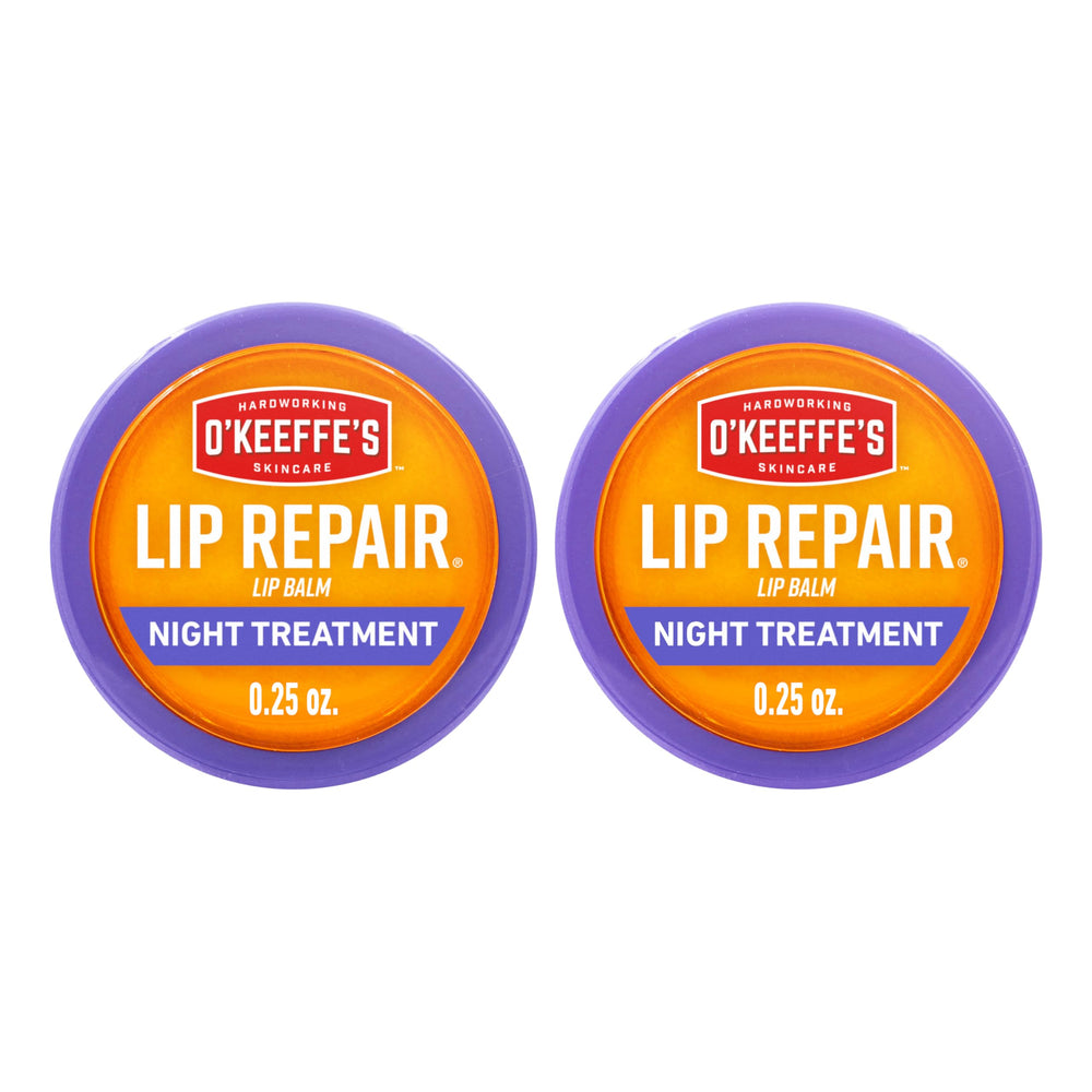 O'Keeffe's front jar showing compact overnight balm for intense lip repair