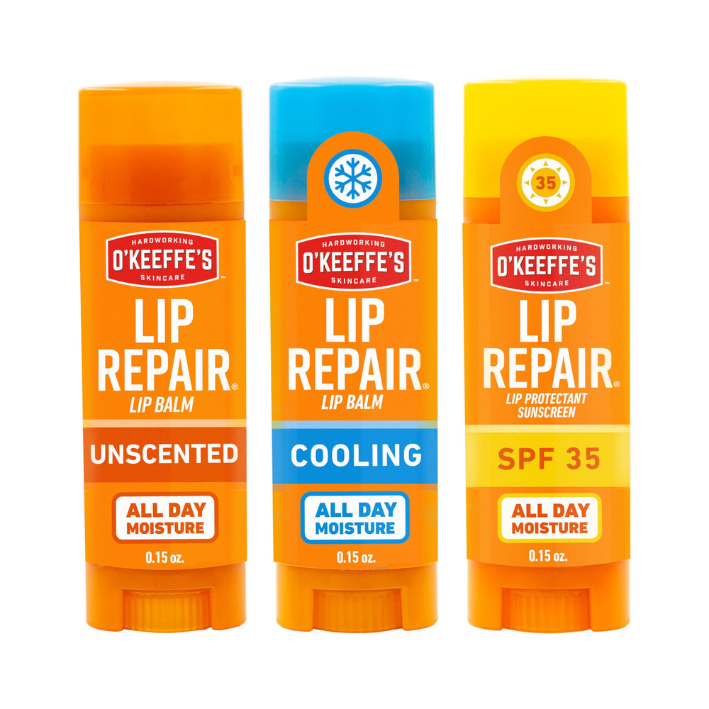 O'Keeffe's front packaging showing three lip balm sticks for instant relief