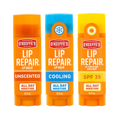 O'Keeffe's front packaging showing three lip balm sticks for instant relief