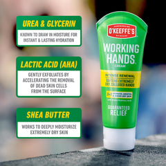 O'Keeffe's product label with ingredients list highlighting urea and shea butter benefits