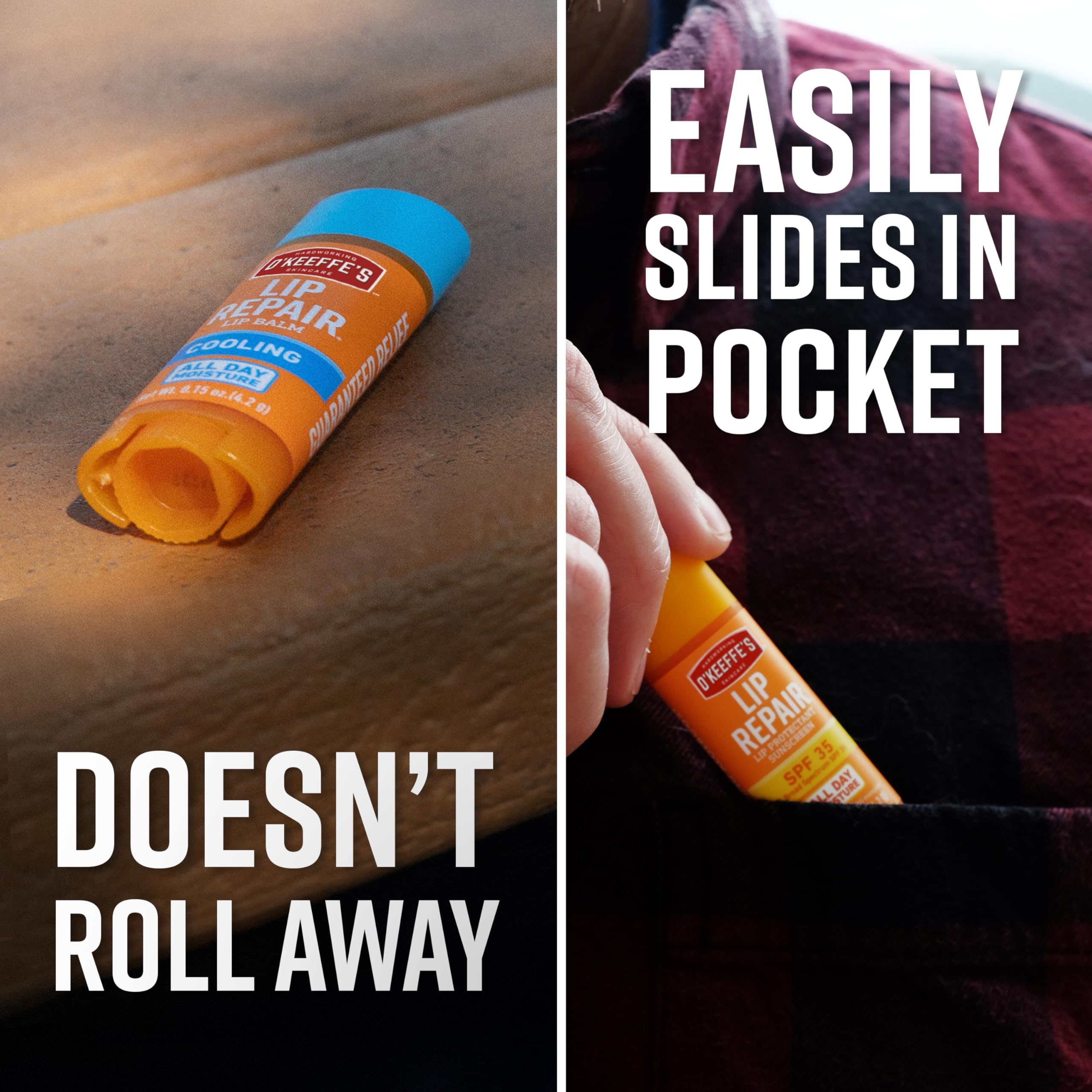 O'Keeffe's lip balms beside sunglasses showing SPF option for outdoor protection