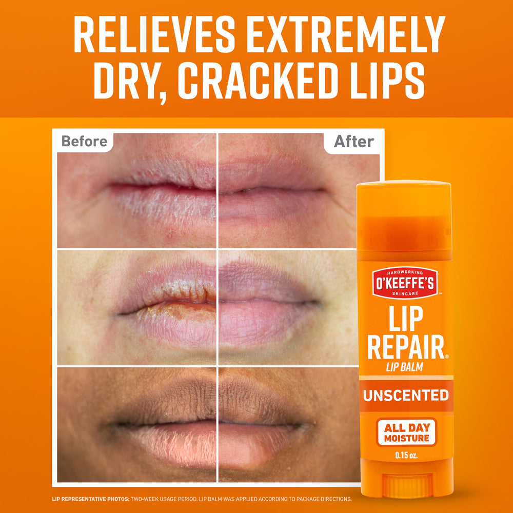O'Keeffe's lip balm stick twist-up detail for easy application