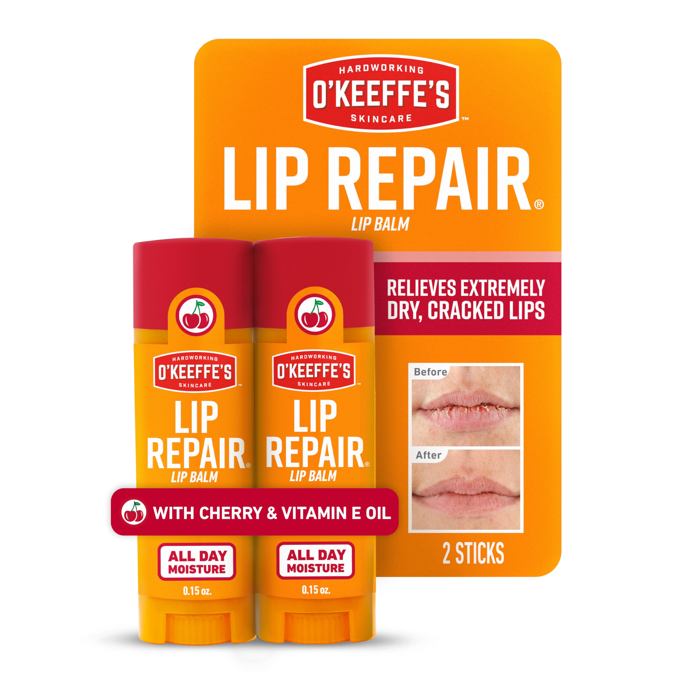 O'Keeffe's front packaging showing twin cherry balm sticks and benefits