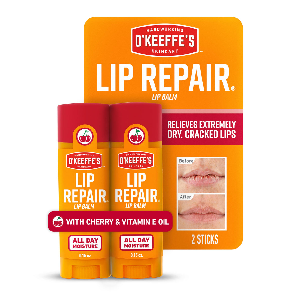 O'Keeffe's front packaging showing twin cherry balm sticks and benefits